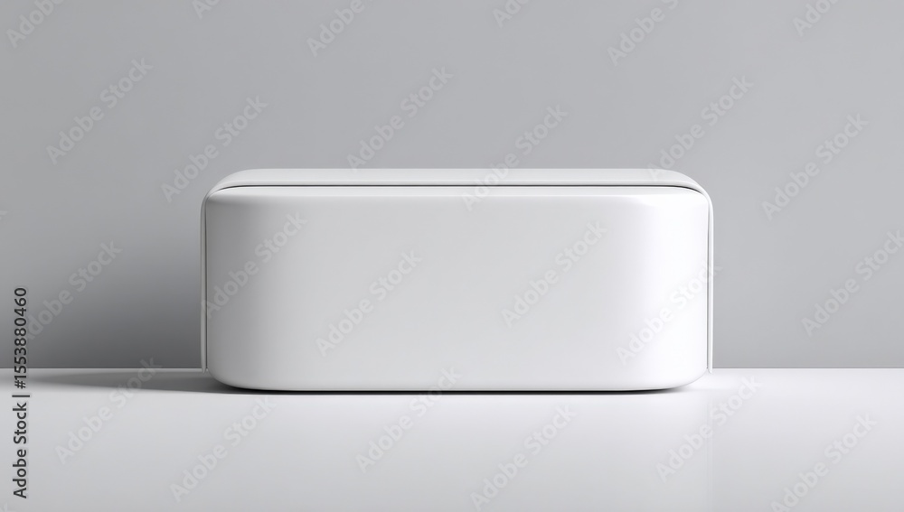 Poster Modern minimalist white rectangular plastic container with rounded edges on smooth white surface for storage or presentation use