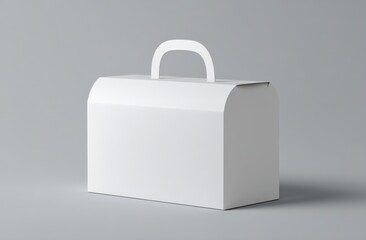 White cardboard takeout food box with handle for packaging and transporting meals for delivery or cate services on plain gray background