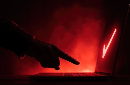 Close-up of a hand with a glove pointing at a glowing check mark on a laptop screen with red smoke and dramatic lighting for cybersecurity or digital verification concept