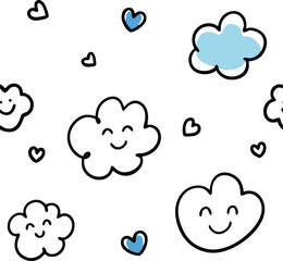 Minimalist Hand-Drawn Doodles of Clouds, Smiley Faces, and Hearts in a Playful Random Pattern

