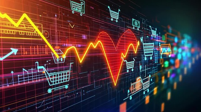 Glowing lines intertwining to form shopping carts alongside a heart shaped chart, symbolizing the rise of online sales and the enhancement of customer engagement in the digital marketplace