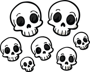 Playful Vector Doodle Set of Mini Skeleton Skulls with Cute and Creepy Faces – Sketchy Hand-Drawn Style

