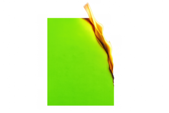 Green paper edge burning, fiery corner consuming surface with vivid intensity against transparent backdrop