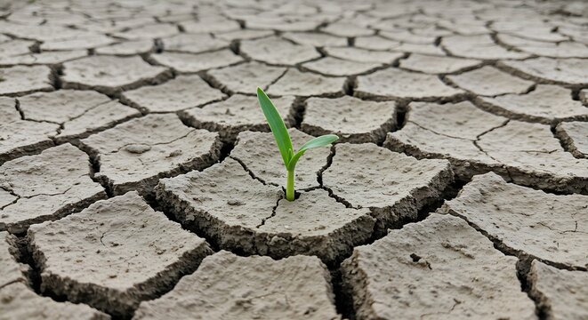 Resilience: A single sprout emerges from cracked, arid earth, symbolizing hope and perseverance in drought conditions.