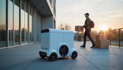Delivery robot on a sidewalk with a man carrying delivery boxes during sunset, modern logistics and technology concept of e-commerce or courier services