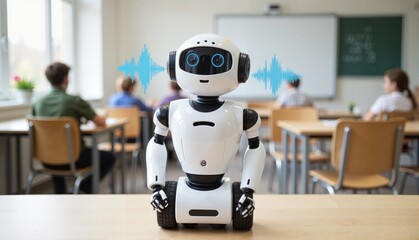 Cute educational robot delivering a lesson to students in a classroom setting with a blackboard, innovative concept of education technology and robotics