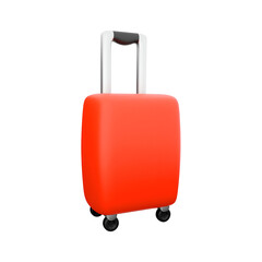 A bright red suitcase with wheels and a retractable handle, ideal for travel and transporting belongings.