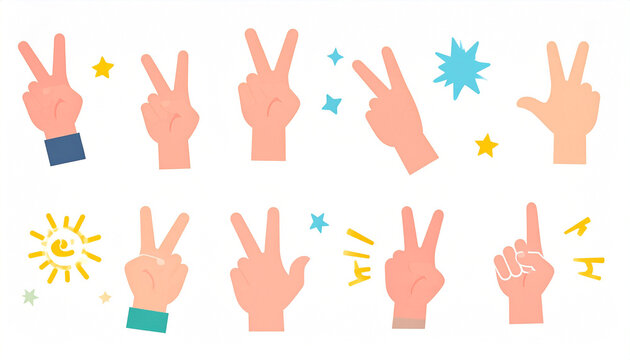 A collection of cartoon hands displaying peace signs, victory signs, and other gestures, embellished with stars and other celebratory graphics