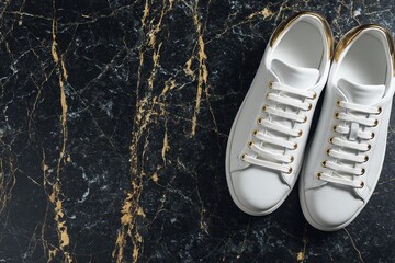 White leather sneakers with gold accents on marble background | volcanic eruption