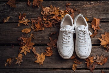 Autumn shoes: white sneakers on a wooden deck with fall leaves | volcanic eruption