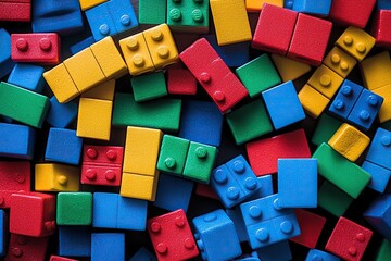Scattered, colorful building blocks forming an abstract, playful pattern, suggesting creativity and foundational learning, billboard aspect ratio.