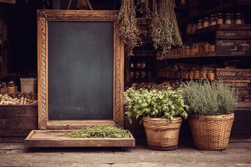 Rustic Herb Shop Signage and Potted Plants Display Outdoor