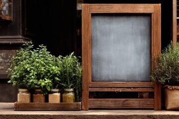 Fresh herbs and chalkboard menu sign on wooden counter.