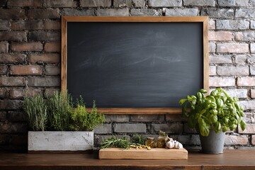 Herb garden display in front of a chalkboard and brick wall.