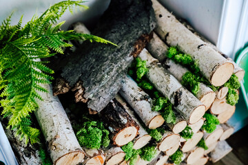 Stacked logs with lush green moss and fern arrangement in cozy indoor space