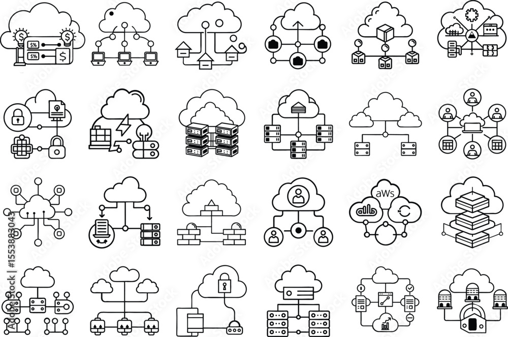 Poster black and white cloud computing infrastructure icons hybrid server systems flat design vector