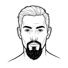 Portrait of a bearded man with stylish hair and a confident expression, illustrated in black and white for barbershop theme.