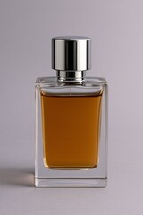 Amber cologne bottle with silver cap on gray background