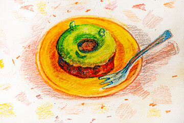 Dubai tart with pistachio cream and chocolate, illustration drawn with colored pencils