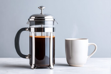 A stylish French press coffee maker alongside a steaming cup of freshly brewed coffee on a minimalist background.