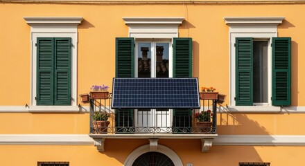 Balcony solar panel with flowers and wrought iron railing on traditional yellow Italian apartment building, green wooden shutters and white window trims