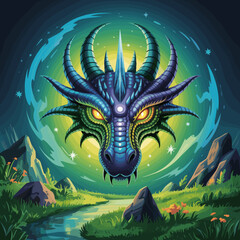 Fantasy dragon head illustration with glowing eyes in mystical landscape  