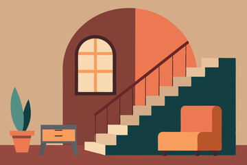 Interior room of an empty house with a wooden door, staircase, and window, featuring modern architecture and natural light