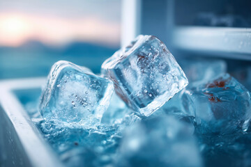 Icy cubes sit in a freezer tray, melting. A close-up shot focusing on textures and abstract shapes. Cool refreshment, summer vibes, chill concept.
