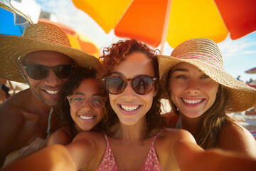 Group takes selfie at beach under colorful umbrellas in summer. A joyful, bright closeup portrait of friends. Fun in the sun, youthful spirit, sunny getaway.