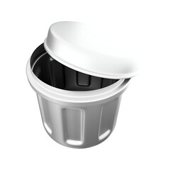 A silver trash can with a white lid, designed for waste disposal.