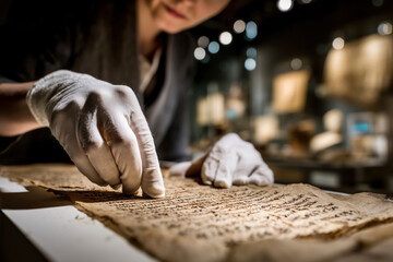 Gloved hands carefully examine an ancient scroll in a museum setting. A close-up showing the detail and fragility. Historical preservation, archival research, manuscript study.