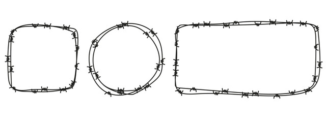Set of barbed wire frames in hand-drawn sketch style. Vector design elements for military, prison, slavery or security concepts. Rough metal border illustration.