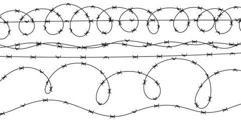 Set of various barbed and razor wire. Wavy security fencing in scalable vector style. Military, prison or restricted area protection design. Sharp metal border elements.
