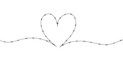 Barbed wire in the shape of a heart. Symbolic vector illustration for prison, pain, war, or restricted love concept. Sharp metal silhouette on white background.