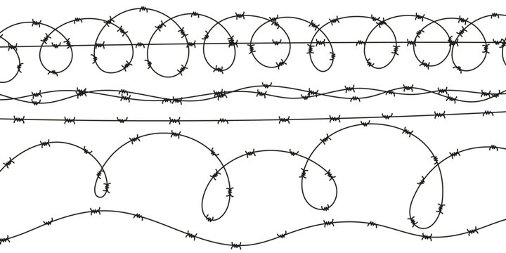 Set of various barbed and razor wire. Wavy security fencing in scalable vector style. Military, prison or restricted area protection design. Sharp metal border elements.