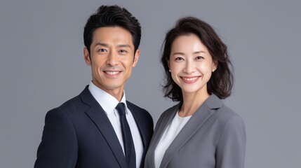 Happy business professionals posing together in a studio, showcasing teamwork and collaboration in a corporate environment.