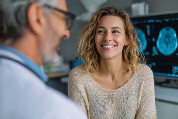 Woman smiling at her doctor in office, medical scan in background. A close up shot showing trust and relief. Patient care, healthcare solutions, positive consultation.