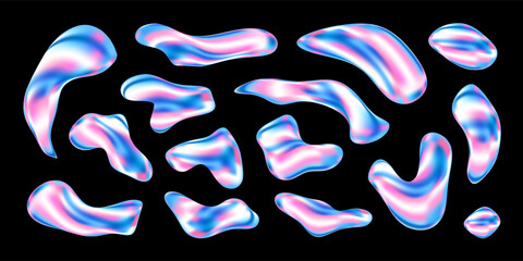 3D liquid shape set with chrome, glass and holographic elements. Iridescent blobs, puddles, drops and bubbles in abstract Y2K aesthetic. Gradient neon glow textures and fluid forms vector illustration
