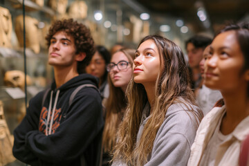 Students observe artifacts in a museum exhibit hall. An inspiring sight filled with learning and discovery. Cultural awareness, historical context, educational tour.
