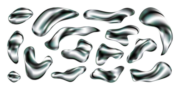 3D chrome liquid shapes set. Silver metallic blobs and fluid splashes with holographic texture and glossy finish. Abstract Y2K aesthetic with futuristic organic forms. Vector isolated elements.