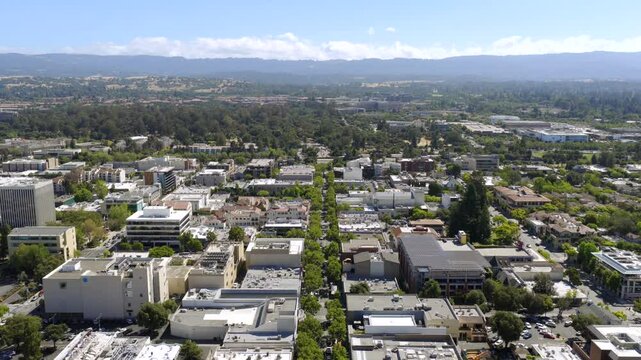 Palo Alto California - High Aerial Flyover of University Ave Downtown 