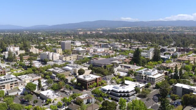 Palo Alto - Aerial Approach of Downtown Over University and Lytton Ave on Summer Day