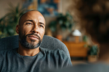 Obraz premium Man sitting indoors, looking away from the camera. A thoughtful portrait of contemplation and reflection. Mindful moment, serene atmosphere, quiet contemplation.