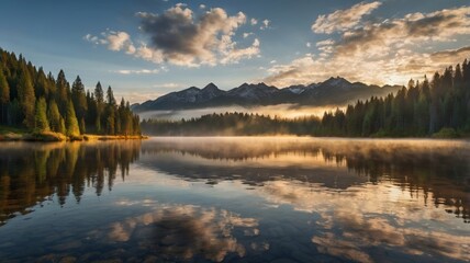 Fototapeta premium Sunrise Mist Beneath Snow-Capped Mountain Peaks 