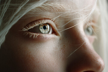 Close-up of an eye with white hair and lashes. A detailed macro shot conveying introspection. Inner beauty, personal reflection, unique perspective.