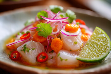 Fresh ceviche dish with lime, onions and chili pepper on plate. A delicious seafood appetizer with vibrant colors. Culinary delight, gourmet food, healthy eating.