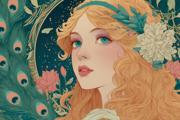 Portrait of a woman with flowers and peacock feathers.. An artistic rendering filled with beauty and detail.. Floral design, art nouveau, whimsical.