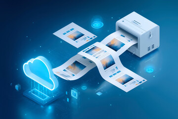 Cloud connected to printer, showing pages being printed. An isometric view of cloud technology. Digital workflow, data security, document management.