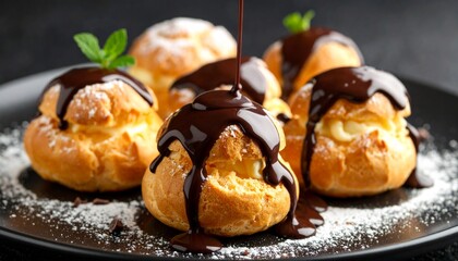 Fototapeta premium Profiteroles with Chocolate Sauce. Vegetarian Dessert Close Up
