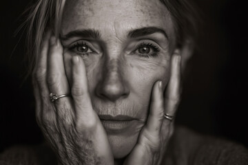 Mature woman with hands on her face looking at the camera. A monochrome portrait capturing emotion and vulnerability. Aging gracefully, inner reflection, human experience.